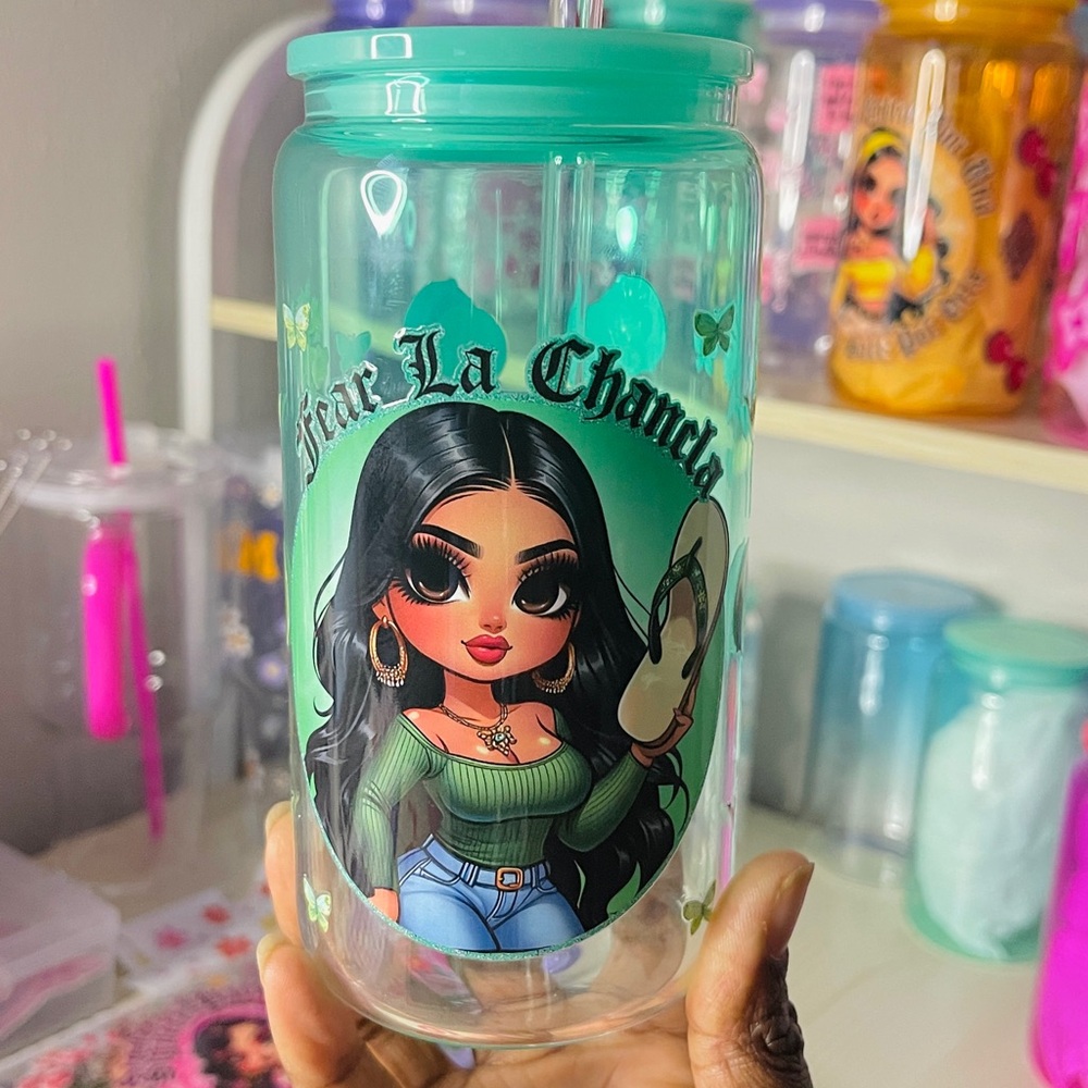 Fear La Chancla Glass Tumbler with Straw